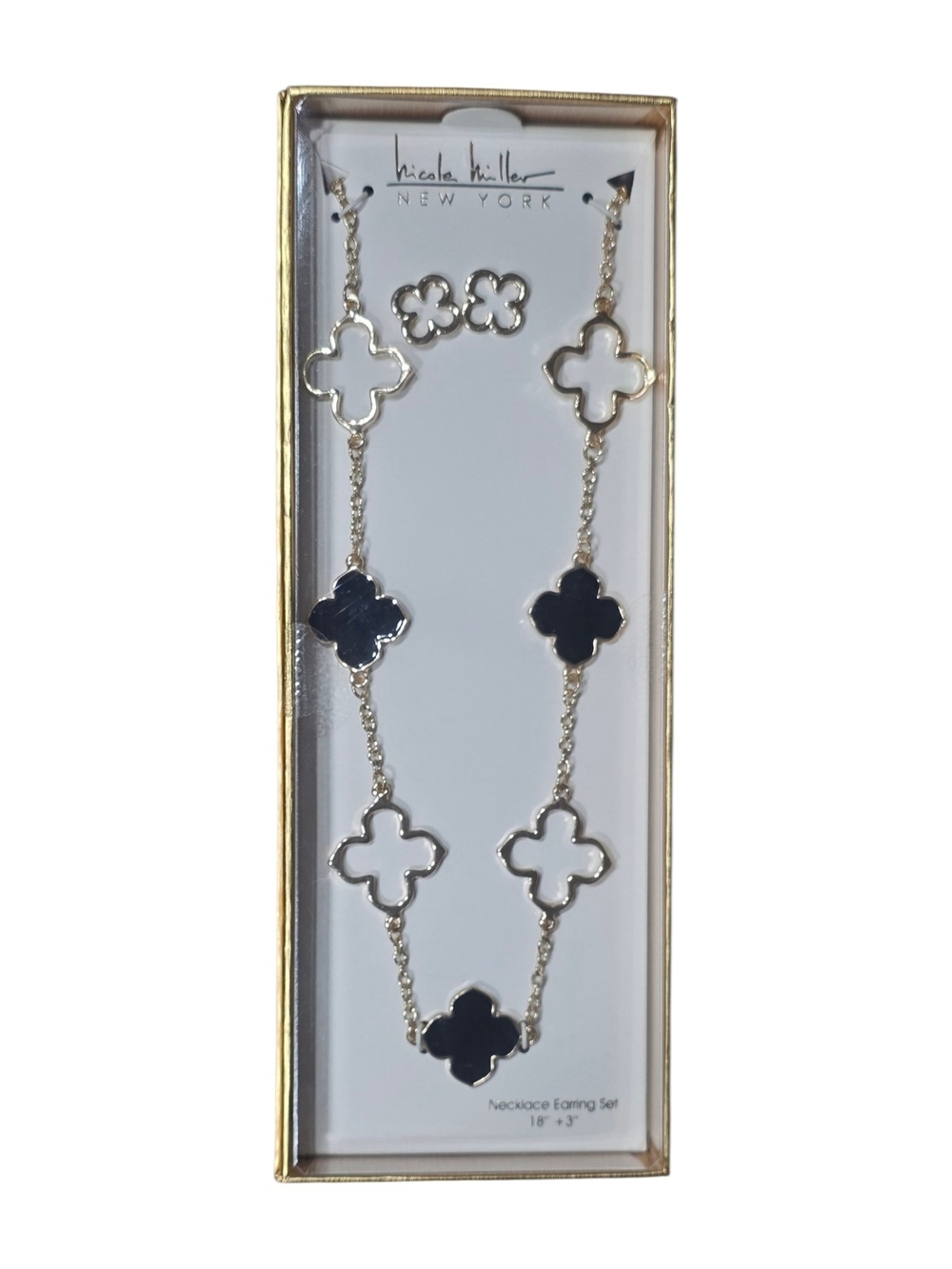 Nicole Miller New York Black White Gold Clover Quatrefoil Necklace Earring Set